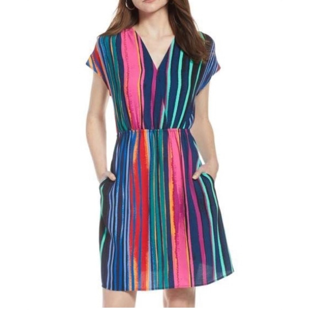 HALOGEN Dress Size Small‎ Multicolor Stripe Cap Sleeve Midi Dress 💜❤️💙
